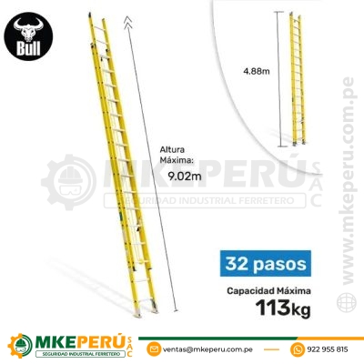 Escalera Fibra Tipo Telescopica 32 Pasos 113Kg 9.02M Ftt113-32I American Bull Ladder